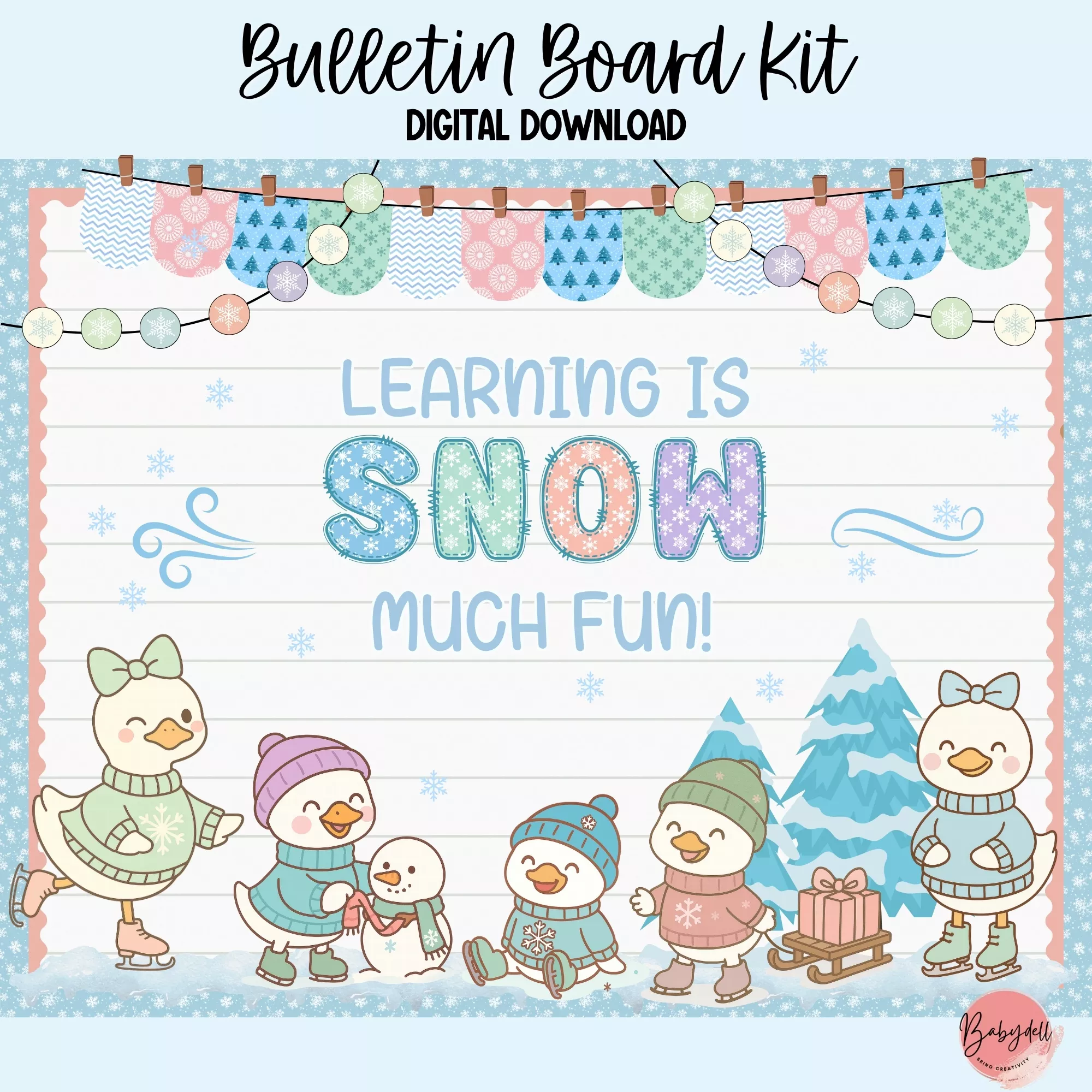 A colorful winter-themed bulletin board featuring ice skating geese and the phrase "Cool to Be Kind."